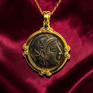 18K Gold Ancient Goddess Athena Coin Necklace 17" Emerald Amulet 750 Gold 5.4g